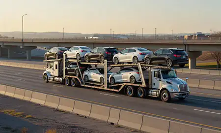 Car transporter with the Mansfield, Ohio, United States skyline behind it