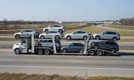 Multi-level car carrier on the highway to Mentor, Ohio, United States
