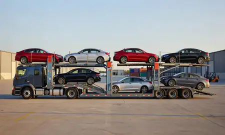 Car transporter parked in an industrial area of Mentor, Ohio, United States
