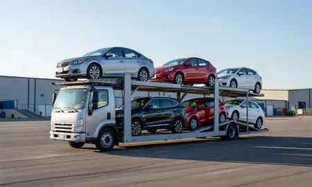Car transporter loaded with vehicles in Mentor, Ohio, United States