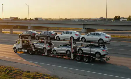Car transporter with the Mentor, Ohio, United States skyline behind it