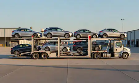 Car transporter parked in an industrial area of Middletown, Ohio, United States