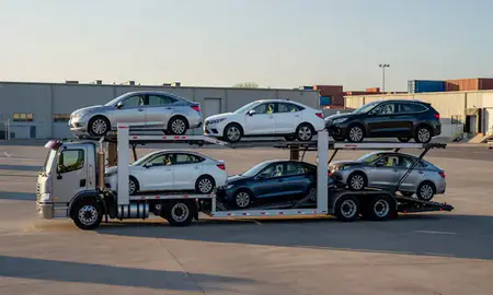 Car transporter loaded with vehicles in Middletown, Ohio, United States