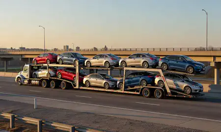 Car transporter with the Middletown, Ohio, United States skyline behind it