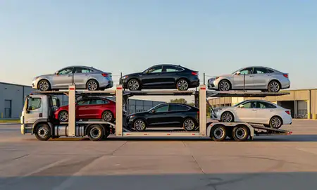 Car transporter parked in an industrial area of Newark, Ohio, United States