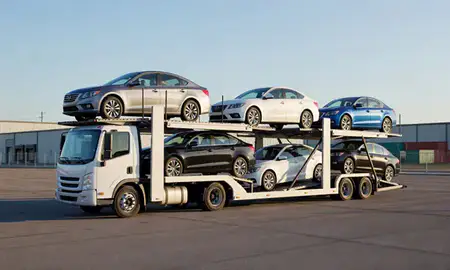 Car transporter loaded with vehicles in Newark, Ohio, United States