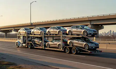 Car transporter with the Newark, Ohio, United States skyline behind it