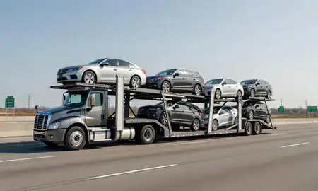 Multi-level car carrier on the highway to Parma, Ohio, United States