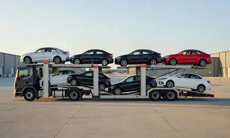 Car transporter parked in an industrial area of Parma, Ohio, United States