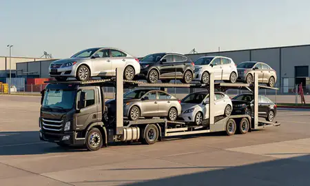 Car transporter loaded with vehicles in Parma, Ohio, United States