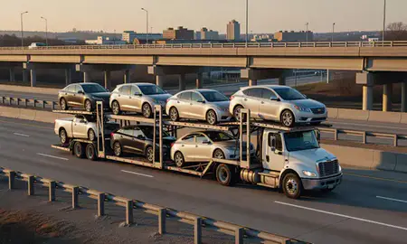 Car transporter with the Parma, Ohio, United States skyline behind it