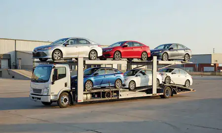 Car transporter loaded with vehicles in Reynoldsburg, Ohio, United States