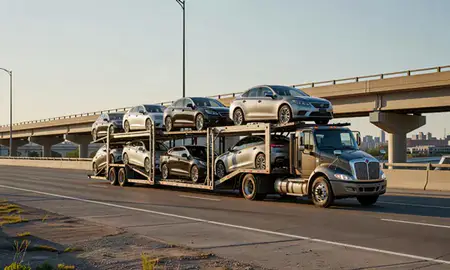 Car transporter with the Reynoldsburg, Ohio, United States skyline behind it