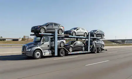 Multi-level car carrier on the highway to Springfield, Ohio, United States