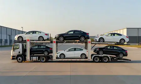 Car transporter parked in an industrial area of Springfield, Ohio, United States