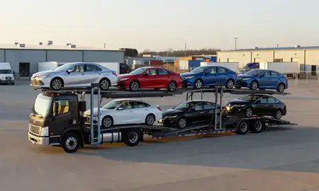 Car transporter loaded with vehicles in Springfield, Ohio, United States
