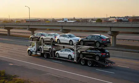 Car transporter with the Springfield, Ohio, United States skyline behind it