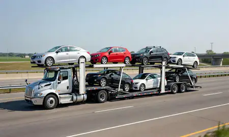 Multi-level car carrier on the highway to Strongsville, Ohio, United States