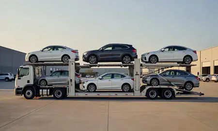 Car transporter parked in an industrial area of Strongsville, Ohio, United States
