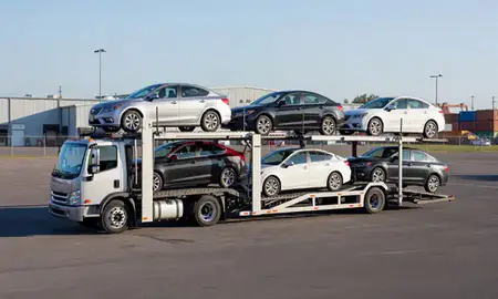 Car transporter loaded with vehicles in Strongsville, Ohio, United States