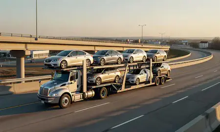Car transporter with the Strongsville, Ohio, United States skyline behind it