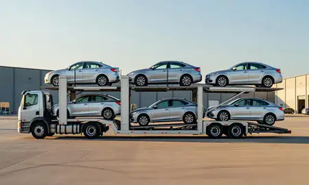 Car transporter parked in an industrial area of Toledo, Ohio, United States