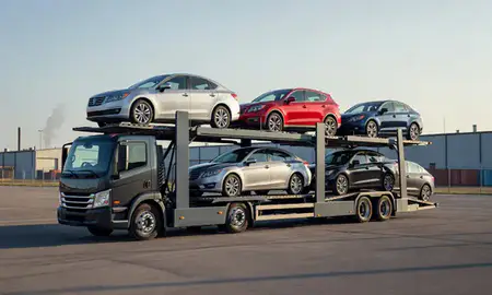 Car transporter loaded with vehicles in Toledo, Ohio, United States