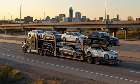 Car transporter with the Toledo, Ohio, United States skyline behind it