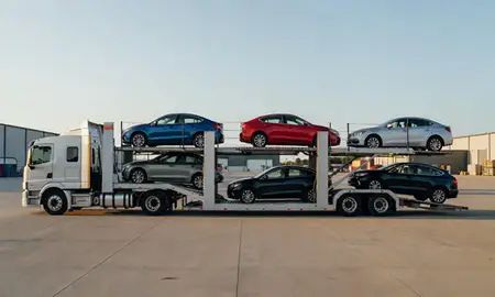 Car transporter parked in an industrial area of Youngstown, Ohio, United States