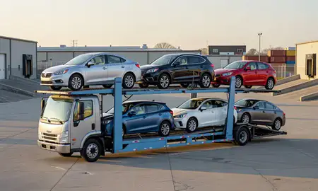 Car transporter loaded with vehicles in Youngstown, Ohio, United States