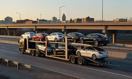 Car transporter with the Youngstown, Ohio, United States skyline behind it