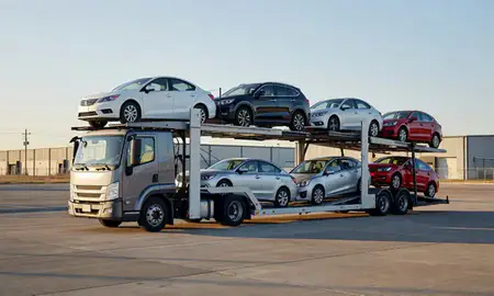 Car transporter loaded with vehicles in Oklahoma, United States