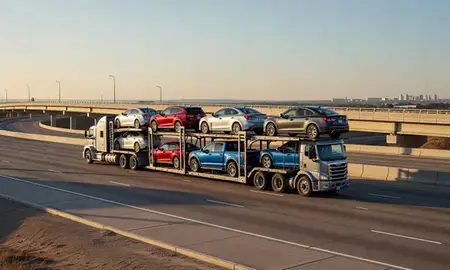 Car transporter with the Oklahoma, United States skyline behind it