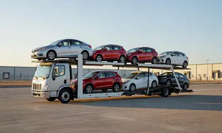 Car transporter loaded with vehicles in Altus, Oklahoma, United States