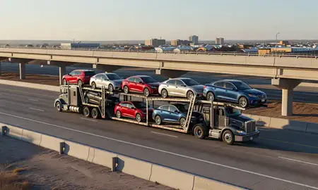 Car transporter with the Altus, Oklahoma, United States skyline behind it