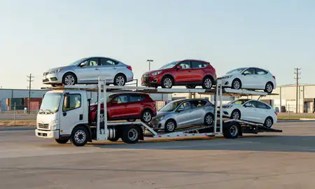 Car transporter loaded with vehicles in Ardmore, Oklahoma, United States