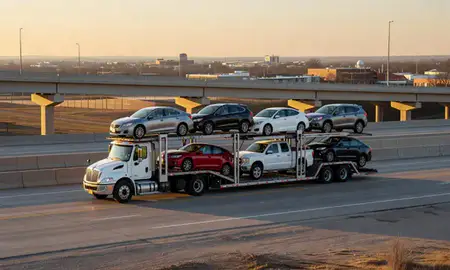 Car transporter with the Ardmore, Oklahoma, United States skyline behind it