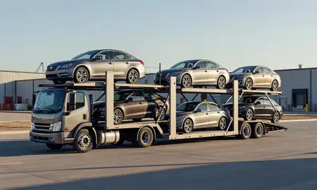 Car transporter loaded with vehicles in Bartlesville, Oklahoma, United States