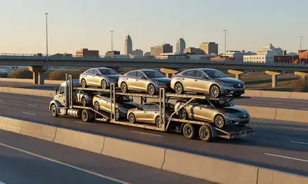 Car transporter with the Bartlesville, Oklahoma, United States skyline behind it