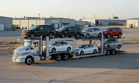 Car transporter loaded with vehicles in Bethany, Oklahoma, United States