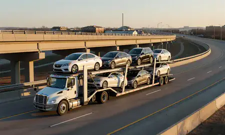Car transporter with the Bethany, Oklahoma, United States skyline behind it
