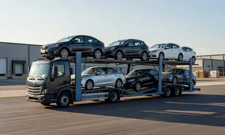 Car transporter loaded with vehicles in Bixby, Oklahoma, United States