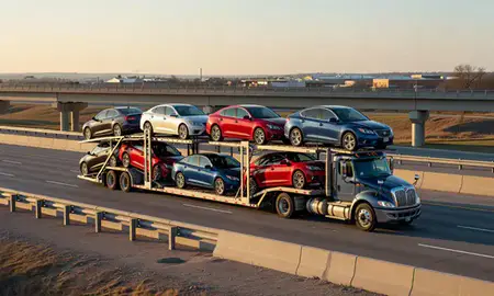 Car transporter with the Bixby, Oklahoma, United States skyline behind it
