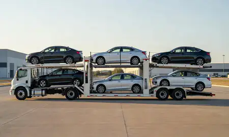 Car transporter parked in an industrial area of Broken Arrow, Oklahoma, United States