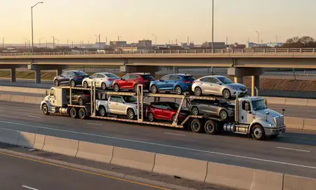 Car transporter with the Broken Arrow, Oklahoma, United States skyline behind it