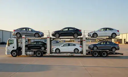 Car transporter parked in an industrial area of Claremore, Oklahoma, United States