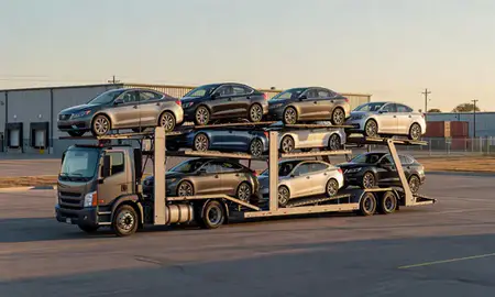 Car transporter loaded with vehicles in Claremore, Oklahoma, United States