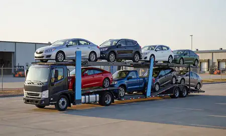 Car transporter loaded with vehicles in Del City, Oklahoma, United States