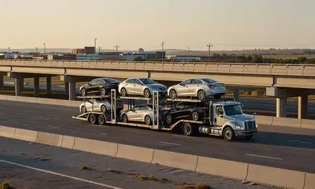 Car transporter with the Del City, Oklahoma, United States skyline behind it