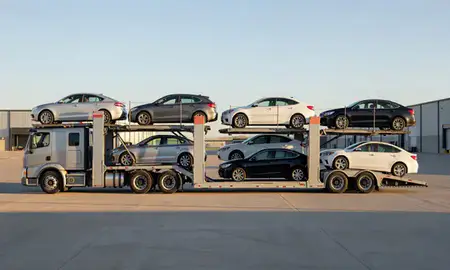 Car transporter parked in an industrial area of Duncan, Oklahoma, United States